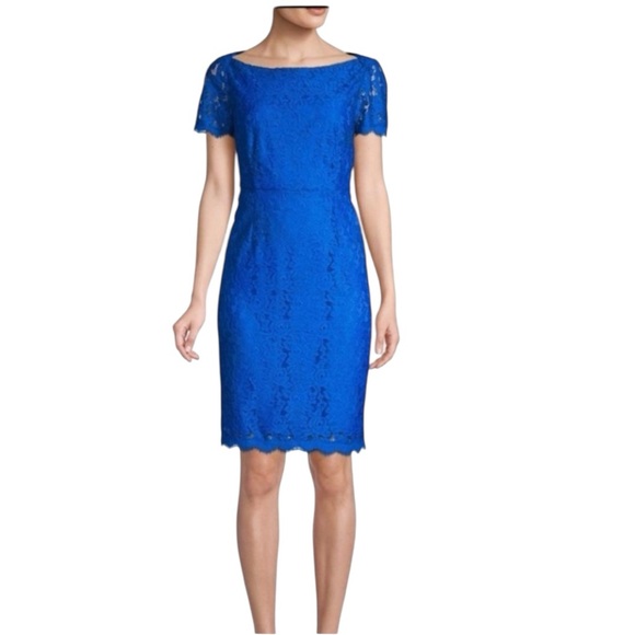 DVF Lace Royal Blue Knee Length Short Sleeve Occasion Dress - Size 12 Cocktail - Picture 1 of 10